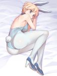  1girl adapted_costume animal_ears ass back bangs bare_shoulders blonde_hair blue_shoes blush brave_witches breasts bunny_tail eyebrows_visible_through_hair full_body high_heels highres konnyaku_(kk-monmon) leotard looking_at_viewer lying medium_breasts nikka_edvardine_katajainen on_bed on_side pantyhose rabbit_ears shiny shiny_hair shoes short_hair smile solo strapless strapless_leotard tail white_legwear world_witches_series wrist_cuffs 