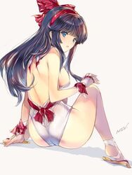  1girl arm_support ass backless_outfit bangs black_hair blue_eyes bow breasts fingerless_gloves from_behind gloves hair_bow hairband halterneck leotard long_hair medium_breasts min-naraken nakoruru one-piece_swimsuit red_bow samurai_spirits sideboob sitting swimsuit thighs white_gloves white_swimsuit 