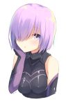  1girl :d armor armored_dress bangs bare_shoulders black_gloves blush breasts cleavage elbow_gloves eyebrows_visible_through_hair fate/grand_order fate_(series) gloves hair_over_one_eye hand_on_own_cheek highres kotonoha_zaja lavender_eyes lavender_hair looking_at_viewer mash_kyrielight mashu_kyrielite open_mouth purple_gloves shielder_(fate/grand_order) short_hair simple_background skin_tight sleeveless smile solo twitter_username type-moon upper_body white_background 