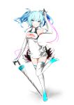  1girl blue_hair breasts elbow_gloves gloves hairband hatsune_miku long_hair panties rua_(abcd29211) simple_background solo thigh-highs umbrella under_boob underwear vocaloid white_background white_gloves white_hairband white_legwear white_panties 