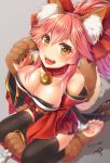  1girl animal_ears bell bell_collar breasts cleavage collar fang fate/grand_order fate_(series) fox_ears fox_tail hair_ribbon highres japanese_clothes large_breasts long_hair looking_at_viewer looking_up open_mouth paws pink_hair ribbon sitting solo tail tamamo_(fate)_(all) tamamo_cat_(fate) thigh-highs yellow_eyes yuzutosen 