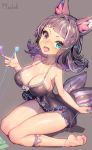  1girl animal_ears babydoll barefoot blue_eyes blush breasts character_request cleavage fangs feet full_body heterochromia large_breasts looking_at_viewer muloli no_panties open_mouth purple_hair short_hair simple_background sitting smile solo tail thigh_strap violet_eyes wariza 