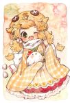  1girl animal animal_hat bird blonde_hair blush bow chick chicken egg frills gingham_dress green_eyes happy_new_year hat holding holding_animal japanese_clothes mokarooru new_year no_legs one_eye_closed open_mouth original rooster solo white_bow year_of_the_rooster 