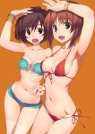  2girls akiyama_yukari arm_above_head armpits bikini blush boyshorts breasts brown_eyes brown_hair cleavage front-tie_top girls_und_panzer groin hand_holding hip_bones medium_breasts messy_hair multiple_girls navel nishizumi_miho short_hair side-tie_bikini small_breasts smile swimsuit tamahiyo 