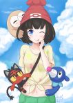  1girl :p blue_eyes blush female_protagonist_(pokemon_sm) litten looking_at_viewer midriff navel one_eye_closed player_character pokemon pokemon_(creature) pokemon_(game) pokemon_sm popplio rowlet short_hair smile tongue tongue_out unel1211 