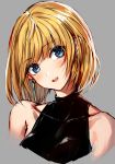  1girl bangs blonde_hair blue_eyes blush breasts commentary earrings eyebrows_visible_through_hair grey_background halter_top halterneck head_tilt highres jewelry large_breasts looking_at_viewer open_mouth original oyu_(sijimisizimi) shirt short_hair simple_background sketch sleeveless sleeveless_shirt smile solo teeth upper_body 