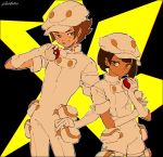  1boy 1girl aether_foundation_employee black_background black_hair brown_eyes brown_hair dark_skin elbow_gloves gloves hand_on_hip hat holding holding_poke_ball logo noaki peaked_cap poke_ball pokemon pokemon_(game) pokemon_sm pouch short_hair short_sleeves signature simple_background smile uniform white_gloves white_hat 