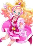  1girl :d blonde_hair blue_eyes blush boots choker cure_flora dress earrings eyelashes flower flower_earrings frilled_dress frills gloves go!_princess_precure gradient_hair hair_ornament half_updo happy haruno_haruka highlights highres jewelry long_hair looking_at_viewer magical_girl multicolored_hair open_mouth pink pink_dress pink_hair pink_ribbon precure puffy_sleeves ribbon sharumon simple_background smile solo streaked_hair tiara two-tone_hair white_background white_gloves 