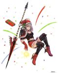  1girl adapted_costume aranea_highwind breasts christmas cleavage final_fantasy final_fantasy_xv fur_trim gift gloves hat highres iijima_takuya lance looking_at_viewer midriff navel polearm santa_hat shoulder_spikes silver_hair skirt solo spikes thigh-highs weapon 