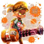  1boy 2016 black_shorts cowboy_shot dark_skin dark_skinned_male dated domino_mask fangs grey_shirt harutarou_(orion_3boshi) hat heavy_splatling_(splatoon) holding holding_weapon ink_tank_(splatoon) inkling looking_to_the_side male_focus mask open_mouth orange_eyes orange_hair paint_splatter peaked_cap pointy_ears print_shirt red_legwear shirt short_sleeves shorts smile solo splatoon standing t-shirt tentacle_hair topknot weapon wristband 