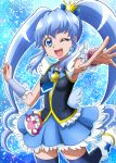  1girl ;d armpits black_legwear black_shirt blue blue_background blue_bow blue_eyes blue_hair blue_necktie blue_skirt bow brooch crown cure_princess earrings eyebrows_visible_through_hair frills hair_bow hanzou happinesscharge_precure! highres jewelry long_hair magical_girl mini_crown necktie one_eye_closed open_mouth precure shirayuki_hime shirt shoes sidelocks skirt sleeveless sleeveless_shirt smile solo standing standing_on_one_leg thick_eyebrows thigh-highs twintails white_shoes wrist_cuffs 