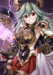  &gt;:) 1girl abe_ranzu armor armpits bangs blush breasts cowboy_shot doraf electricity gloves granblue_fantasy grey_hair grin hair_between_eyes highres holding holding_weapon horns large_breasts long_hair looking_at_viewer pauldrons red_eyes red_skirt sarasa_(granblue_fantasy) skirt smile solo weapon 