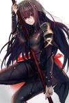  1girl absurdres black_hair bodysuit breasts breasts_apart fate/grand_order fate_(series) highres holding holding_weapon kumamoto_nomii-kun long_hair looking_at_viewer medium_breasts polearm red_eyes scathach_(fate/grand_order) sitting solo spear veil weapon white_background 