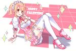  1girl blonde_hair bow breasts cleavage fairy_tail frilled_skirt frills full_body happy_valentine high_heels highres index_finger_raised large_breasts lium looking_at_viewer lucy_heartfilia maid maid_headdress open_mouth orange_eyes pink_bow pink_shoes pink_skirt shoes short_hair short_sleeves sitting skirt solo tattoo thigh-highs twintails white_legwear wrist_cuffs 