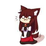  /\/\/\ 1girl :3 animal_ears bangs brooch brown_hair chibi closed_mouth dress full_body imaizumi_kagerou jewelry long_hair long_sleeves o_o solo standing tail tail_wagging touhou wolf_ears wolf_tail wool_(miwol) 