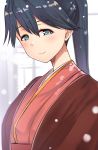  1girl arms_at_sides blue_eyes blue_hair eyebrows eyebrows_visible_through_hair hair_between_eyes hakama highres houshou_(kantai_collection) japanese_clothes kantai_collection light_smile lips long_hair looking_at_viewer ponytail smile solo untsue upper_body 