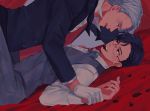  2boys ameli-ya black_hair blue_eyes bow bowtie chocolate dutch_angle formal glasses gloves highres katsuki_yuuri looking_at_another lying male_focus mouth_hold multiple_boys on_back red_eyes silver_hair suit tongue tongue_out viktor_nikiforov waistcoat white_gloves yaoi yuri!!!_on_ice 