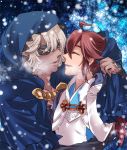  cape closed_eyes colored european_clothes eyepatch fire_emblem fire_emblem_if hair_ornament japanese_clothes long_hair male_focus short_hair smile snowflakes snowing tsubaki_(fire_emblem_if) yaoi zero_(fire_emblem_if) zrtb_feif 