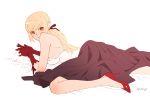  1girl bare_shoulders bed_sheet blonde_hair breasts elbow_gloves elbow_rest gloves hair_ribbon hands_together high_heels highres kiss-shot_acerola-orion_heart-under-blade kizumonogatari konnota long_hair looking_at_viewer lying monogatari_(series) on_stomach orange_eyes pointy_ears ponytail red_shoes ribbon shoes sideboob signature simple_background skirt solo white_background 