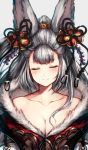  1girl animal_ears bangs bare_shoulders blush breasts cleavage closed_eyes closed_mouth collarbone erun_(granblue_fantasy) eyebrows_visible_through_hair facing_viewer fur_trim granblue_fantasy grey_background hair_ornament highres large_breasts long_hair oyu_(sijimisizimi) ponytail silver_hair simple_background smile socie_(granblue_fantasy) solo 