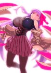  1girl bangs bare_shoulders black_legwear bloom breasts claws cowboy_shot fate/extra fate/extra_ccc fate_(series) hair_ribbon highres huge_breasts long_hair looking_at_viewer o-ring_top pantyhose parted_lips passion_lip purple_hair red_ribbon ribbon shorts skin_tight solo striped striped_shorts very_long_hair violet_eyes yuuji_(and) 