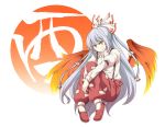  1girl alternate_eye_color arm_garter fiery_wings fujiwara_no_mokou full_body hair_ribbon lavender_hair light_smile long_hair looking_at_viewer pants ponytail red_pants red_shoes ribbon shoes sitting solo suspenders touhou v_arms very_long_hair yamada_yukihito yellow_eyes 