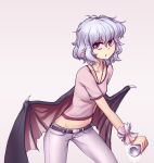  1girl alternate_costume bat_wings belt blue_hair breasts can casual collarbone contemporary cowboy_shot groin hater_(hatater) holding looking_at_viewer midriff panties pants panty_peek pink_background pointy_ears red_eyes remilia_scarlet shirt short_hair simple_background slit_pupils small_breasts solo string_panties t-shirt touhou underwear wavy_hair white_pants wings wrist_cuffs 