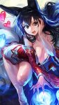  1girl ahri animal_ears bare_shoulders black_hair breasts cleavage cropped detached_sleeves facial_mark fang fox_ears fox_tail korean_clothes large_breasts league_of_legends lips long_hair low_neckline multiple_tails open_mouth slit_pupils solo tail whisker_markings yellow_eyes 