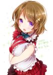  1girl blush bow bowtie brown_hair frilled_shirt frilled_shirt_collar frills from_above gloves hair_ornament happy_birthday koizumi_hanayo love_live! love_live!_school_idol_project open_mouth red_skirt shirt short_hair skirt solo star star_hair_ornament violet_eyes white_shirt yukinokoe 