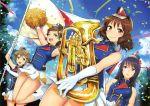  4girls :d ;d absurdres armpits arms_up banner black_hair blue_eyes blue_shirt bow brown_eyes brown_hair cheerleader dutch_angle elbow_gloves euphonium gloves green_bow green_eyes hair_bow hair_ornament hairclip hat hibike!_euphonium highres holding_instrument huge_filesize instrument jumping katou_hazuki katou_hazuki_(hibike!_euphonium) kawashima_sapphire kousaka_reina long_hair looking_at_viewer mini_hat minihat multiple_girls nakasone_haiji one_eye_closed open_mouth oumae_kumiko outdoors pleated_skirt pom_poms scan shirt short_hair skirt sleeveless sleeveless_shirt smile white_gloves white_legwear white_skirt 