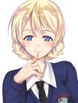  1girl black_necktie blonde_hair blue_eyes blue_sweater blush braid collared_shirt darjeeling dress_shirt emblem eyebrows eyebrows_visible_through_hair finger_to_mouth girls_und_panzer highres lips long_sleeves necktie school_uniform shirt short_hair smile solo sweater tied_hair twin_braids untsue 