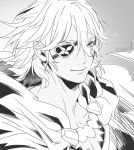  1boy cape dark_skin dark_skinned_male european_clothes eyepatch fire_emblem fire_emblem_if greyscale looking_at_viewer male_focus monochrome short_hair signature simple_background smile solo solo_focus zero_(fire_emblem_if) 
