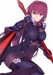  1girl bodysuit breasts covered_navel fate/grand_order fate_(series) gae_bolg large_breasts long_hair looking_at_viewer pauldrons polearm purple_bodysuit purple_hair red_eyes scathach_(fate/grand_order) simple_background solo spear tafks weapon white_background 