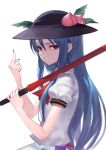  &gt;:/ 1girl ascot black_hat blue_hair blue_nails eyebrows_visible_through_hair fkey food from_side fruit hands_up hat highres hinanawi_tenshi holding holding_weapon leaf long_hair looking_at_viewer looking_to_the_side middle_finger nail_polish over_shoulder peach puffy_short_sleeves puffy_sleeves red_eyes short_sleeves sidelocks simple_background solo sword_of_hisou touhou upper_body weapon weapon_over_shoulder white_background wing_collar 