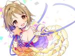  1girl :d blue_ribbon breasts brown_eyes brown_hair cleavage commentary_request flower frilled_skirt frilled_sleeves frills gloves hair_flower hair_ornament hairband holding holding_ribbon holding_wand homua idolmaster idolmaster_cinderella_girls mimura_kanako open_mouth ribbon short_hair skirt smile solo wand white_gloves 