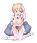  1girl :o animal_ears arm_support babydoll bangs bare_shoulders blonde_hair blue_ribbon blush brave_witches breasts cat_ears cleavage detached_collar detached_sleeves eyebrows_visible_through_hair eyelashes fingernails full_body hand_on_own_head hand_up highres kneeling konnyaku_(kk-monmon) looking_at_viewer medium_breasts nikka_edvardine_katajainen no_shoes open_mouth panties pillow ribbon see-through shiny shiny_hair shiny_skin short_hair simple_background sitting solo spaghetti_strap thigh-highs thigh_gap underwear wariza white_background white_legwear white_panties world_witches_series 