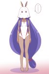  ... animal_ears arms_at_sides bare_arms bare_legs bare_shoulders barefoot breasts collarbone commentary_request competition_swimsuit cosplay covered_navel dark_skin earrings facing_viewer fate/grand_order fate_(series) full_body gradient gradient_background ha-ru hoop_earrings jewelry legs_apart long_hair low-tied_long_hair mask medjed medjed_(cosplay) necklace nitocris_(fate/grand_order) nitocris_(swimsuit_assassin)_(fate) one-piece_swimsuit pendant pigeon-toed purple_hair rabbit_ears sidelocks small_breasts speech_bubble spoken_ellipsis standing sweat swimsuit very_long_hair white_background white_swimsuit 