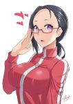  1girl adjusting_glasses aori_sora artist_name black_hair blush breasts demi-chan_wa_kataritai forehead from_side glasses heart highres jacket large_breasts long_hair looking_at_viewer low_ponytail open_mouth red-framed_eyewear satou_sakie semi-rimless_glasses signature solo track_jacket track_suit under-rim_glasses upper_body violet_eyes zipper 