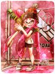  1girl bangs bike_shorts black_shorts blunt_bangs blush bobblehat brown_eyes dated domino_mask double_vertical_stripe fangs full_body harutarou_(orion_3boshi) ink_tank_(splatoon) inkling inkling_(language) logo long_hair looking_at_viewer mask open_mouth paint_splatter pink_hair pointy_ears shirt shoes short_sleeves shorts smile sneakers solo splatoon splattershot_(splatoon) standing tentacle_hair translated white_shirt white_shoes 