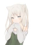  1girl animal_ears bangs blue_eyes blush cat_ears cat_girl closed_mouth dress green_dress grey_hair hands_in_sleeves long_hair looking_at_viewer lpip original own_hands_together simple_background solo upper_body white_background 