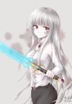  1girl 2014 47_(479992103) absurdres belt dated eyebrows_visible_through_hair grey_eyes highres holding holding_sword holding_weapon long_hair looking_at_viewer maplestory red_eyes shirt signature silver_hair simple_background solo sword weapon white_shirt 
