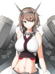  1girl abs absurdres bangs breasts brown_hair closed_mouth commentary crop_top eyebrows_visible_through_hair gloves green_eyes hairband headgear highres kagerou_(gigayasoma) kantai_collection large_breasts looking_at_viewer midriff mutsu_(kantai_collection) navel rigging shirt short_hair simple_background sleeveless sleeveless_shirt smile solo tsurime white_background white_gloves 