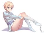  1girl bangs belt_pouch blonde_hair blue_sweater brave_witches breasts closed_mouth dressing eyebrows_visible_through_hair from_side full_body fur_trim kneehighs knees_up konnyaku_(kk-monmon) leg_up long_sleeves looking_at_viewer medium_breasts nikka_edvardine_katajainen no_pants no_shoes panties pantyhose pantyhose_pull pouch ribbed_sweater shadow shiny shiny_hair short_hair simple_background smile solo sweater turtleneck turtleneck_sweater underwear white_background white_legwear white_panties world_witches_series 