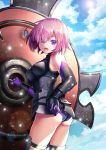  &gt;:d 1girl :d armor armored_dress ass bangs black_gloves black_leotard blue_sky breasts clouds cloudy_sky cowboy_shot day elbow_gloves eyebrows_visible_through_hair eyes_visible_through_hair fate/grand_order fate_(series) from_behind gloves hair_over_one_eye holding_shield large_breasts leg_armor lens_flare leotard looking_at_viewer open_mouth outdoors pink_hair shield shielder_(fate/grand_order) short_hair sky smile solo suishougensou thighs violet_eyes 