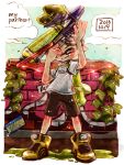  1boy black_shorts closed_eyes closed_mouth clouds cloudy_sky dated day domino_mask english full_body graffiti green_hair green_shoes hair_slicked_back harutarou_(orion_3boshi) holding holding_weapon ink_tank_(splatoon) inkling inkling_(language) ivy male_focus mask outdoors paint_splatter pointy_ears print_shirt shirt shoes short_hair shorts sky smile solo splatoon splattershot_pro_(splatoon) standing tentacle_hair topknot wall weapon white_shirt 