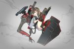  1girl ahoge ammunition_belt armor bangs blush boots brown_hair crop_top crop_top_overhang eyebrows_visible_through_hair full_body gatling_gun green_legwear grey_skirt gun handgun highres holding holding_gun holding_weapon knees_up leg_armor looking_at_viewer mecha_musume mechanical_arm minigun missile oota_youjo open_mouth original red_eyes revolver school_uniform serafuku shield shotgun_shells shoulder_armor skirt smile solo teeth thigh-highs thigh_boots thighs trigger_discipline twintails weapon 