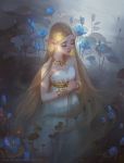  1girl bare_shoulders blonde_hair bracelet closed_eyes dress eyelashes flower highres jewelry lips long_hair necklace pointy_ears princess_zelda solo the_legend_of_zelda the_legend_of_zelda:_breath_of_the_wild tulip viktoria_gavrilenko wading water white_dress 