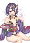  1girl alcohol blush breasts cenangam cup drooling eyebrows fang fate/grand_order fate_(series) flower horns japanese_clothes looking_at_viewer oni oni_horns open_mouth purple_hair sakazuki sake short_hair shuten_douji_(fate/grand_order) slit_pupils smile solo violet_eyes wide_sleeves 