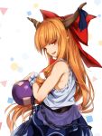  1girl asu_tora bare_shoulders belt blue_skirt bow bowtie chains cuffs from_behind gourd hair_bow half-closed_eyes highres horn_ribbon horns ibuki_suika long_hair looking_at_viewer looking_back open_mouth orange_eyes orange_hair pointy_ears red_bow red_bowtie ribbon shackles shirt skirt sleeveless solo torn_clothes torn_sleeves touhou upper_body very_long_hair white_background white_shirt wrist_cuffs 