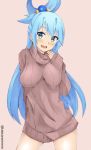  1girl aqua_(konosuba) blue_eyes blue_hair blush breasts kono_subarashii_sekai_ni_shukufuku_wo! long_hair looking_at_viewer open_mouth smile solo standing sweater turtleneck turtleneck_sweater 